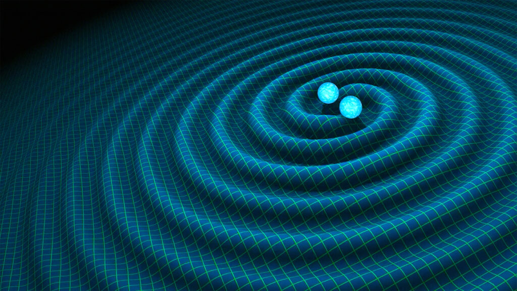 Dos forats negres en procés de fusió i generant ones gravitacionals